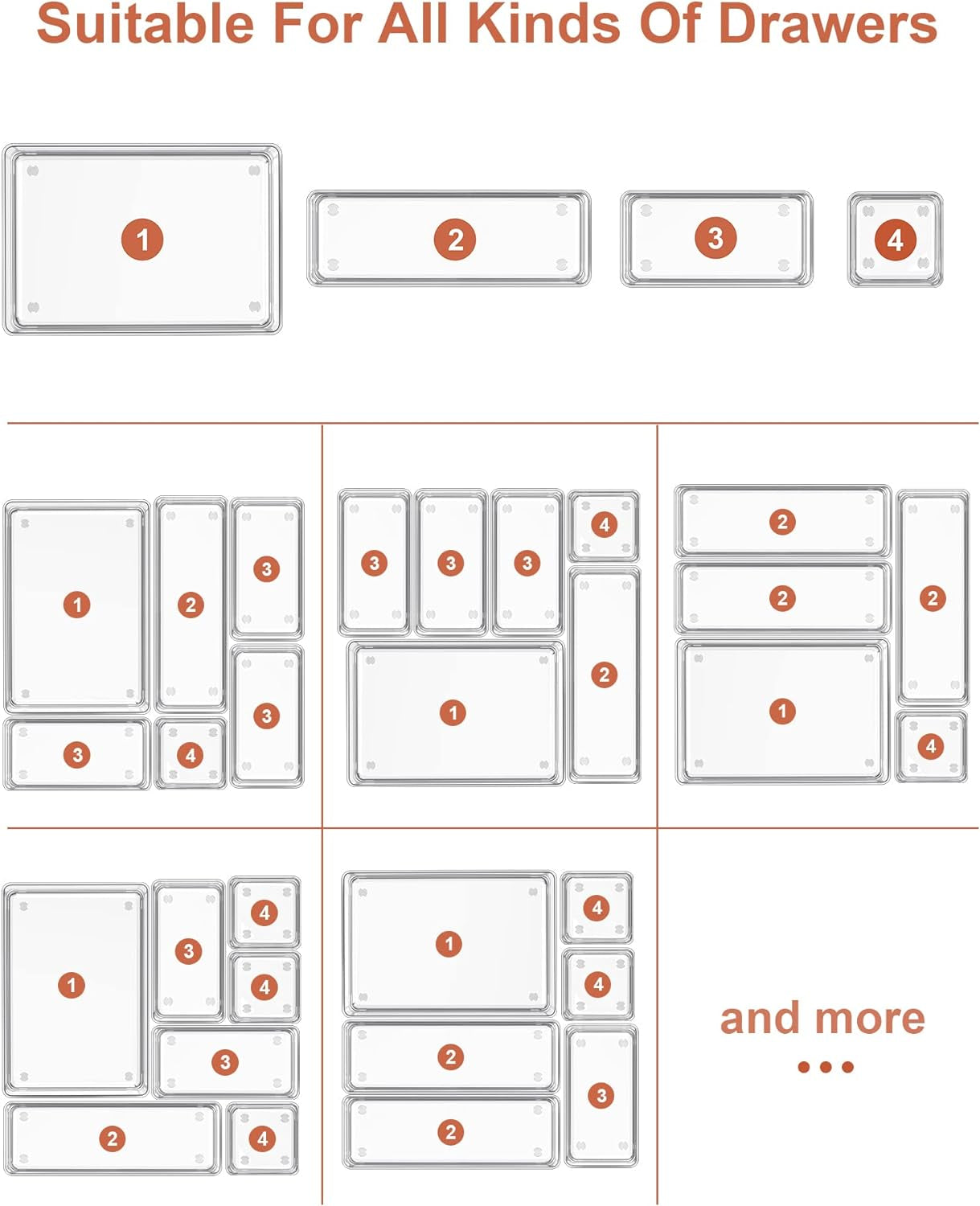 22-Piece Drawer Organizer with Non-Slip Silicone Pads, 4-Size Clear Desk Drawer Organizer Trays Storage Tray for Makeup, Jewelries, Utensils in Bedroom Dresser, Office and Kitchen, Clear