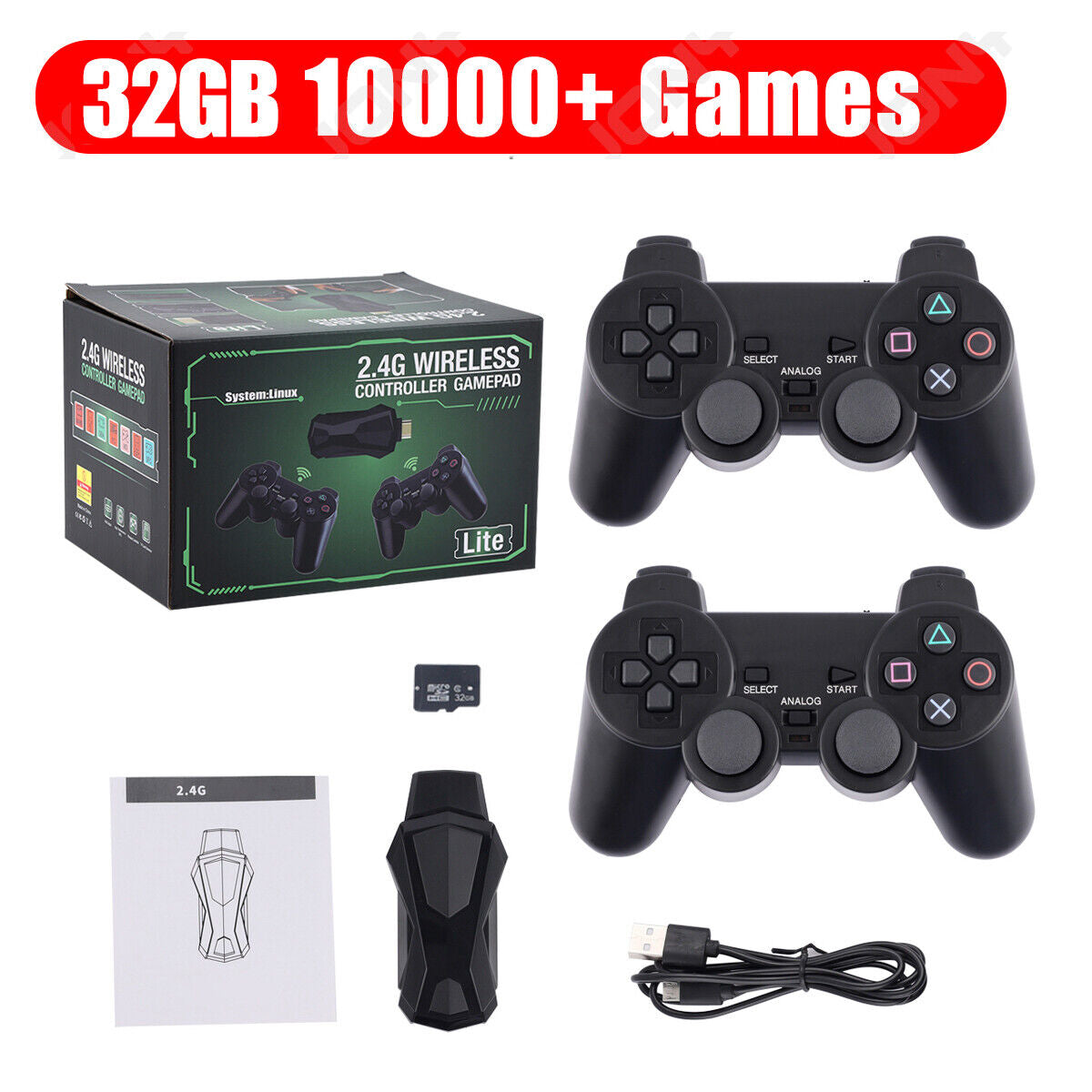 Wireless 4K HDMI TV Game Stick Console Built in 20000+ Games +2 Wireless Gamepad