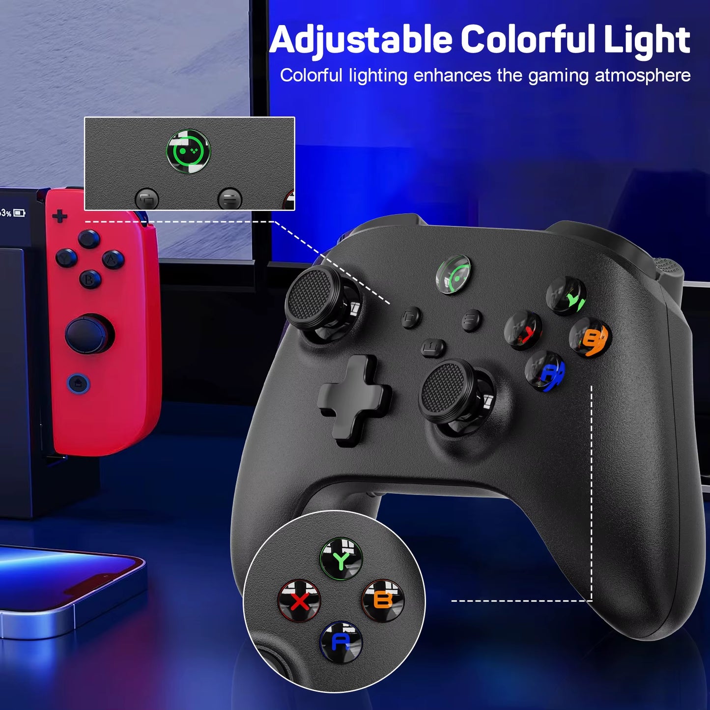 Linyuvo Wireless Controller for Switch/Pc/Ios/Android/Tesla Car,With Vibration, Motion, Turbo,Metal Joystick and LED Light