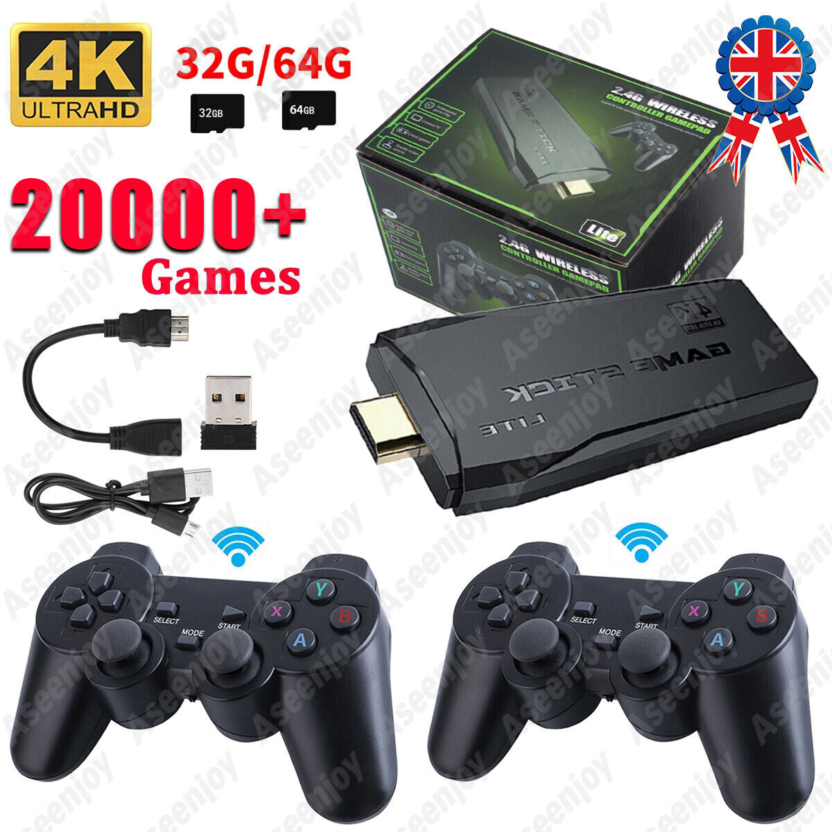 Wireless 4K HDMI TV Game Stick Console Built in 20000+ Games +2 Wireless Gamepad