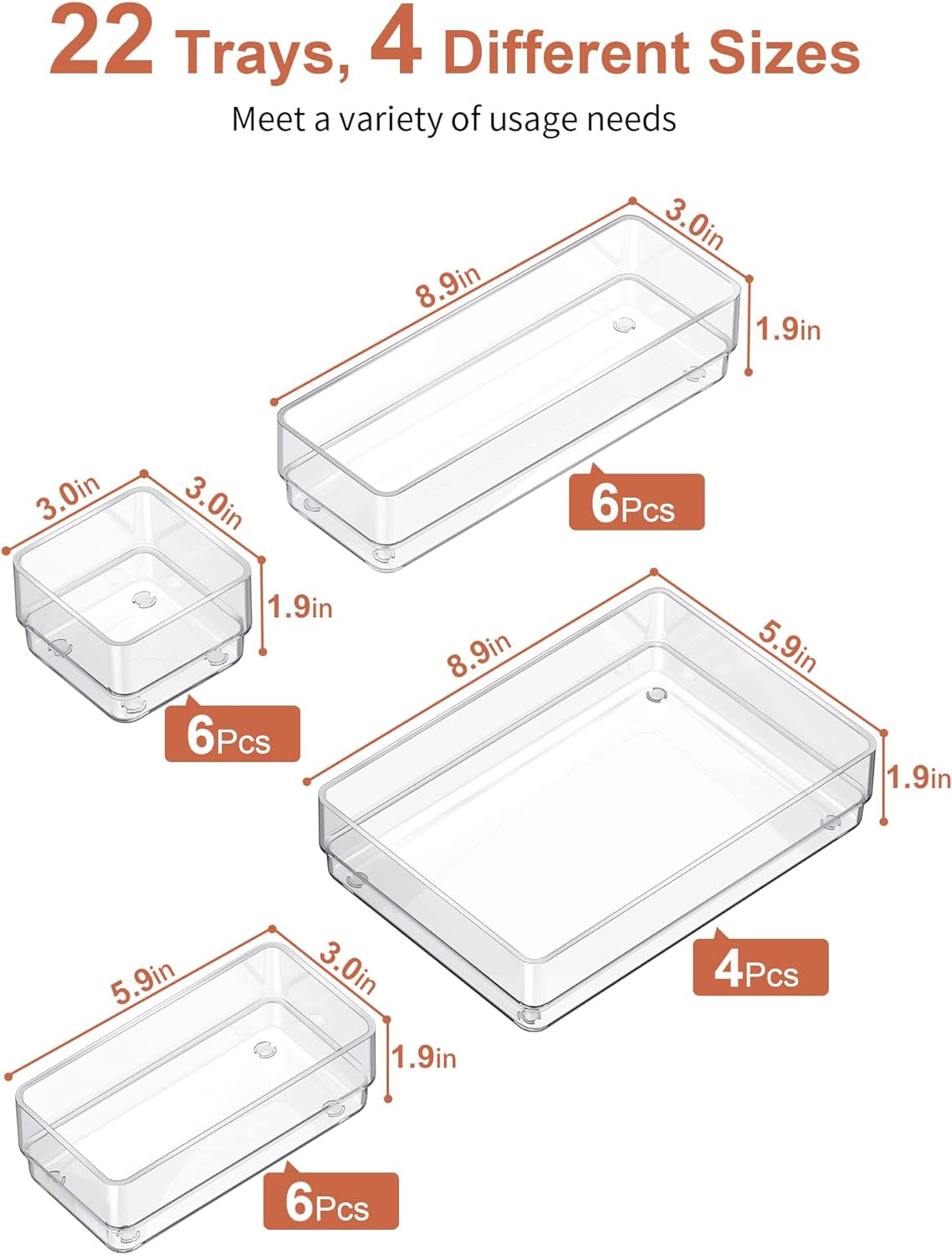 22-Piece Drawer Organizer with Non-Slip Silicone Pads, 4-Size Clear Desk Drawer Organizer Trays Storage Tray for Makeup, Jewelries, Utensils in Bedroom Dresser, Office and Kitchen, Clear