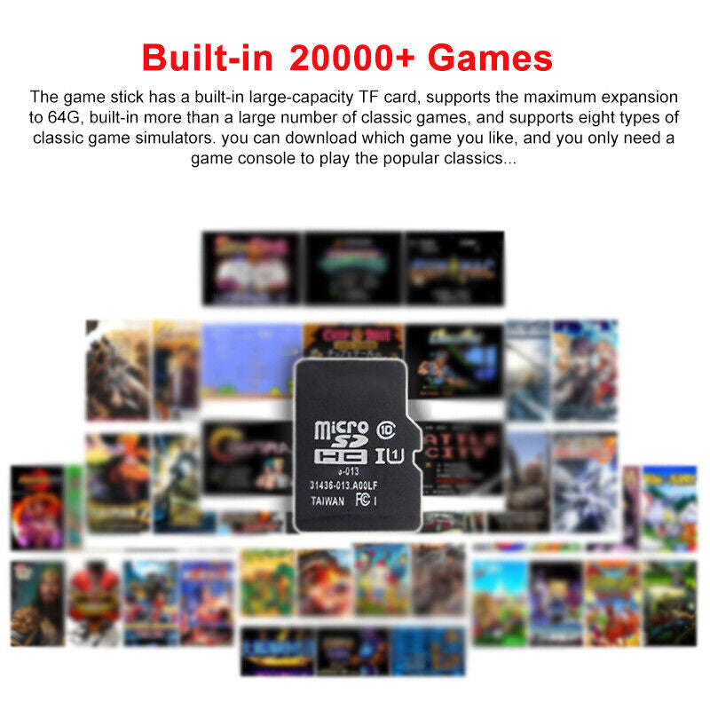 Wireless 4K HDMI TV Game Stick Console Built in 20000+ Games +2 Wireless Gamepad